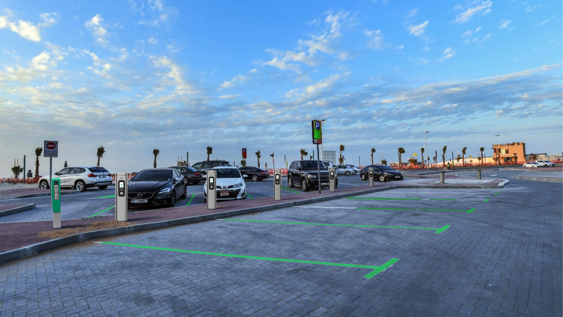 Commercial parking lot equipped with chargers from EV Charger Suppliers Dubai.